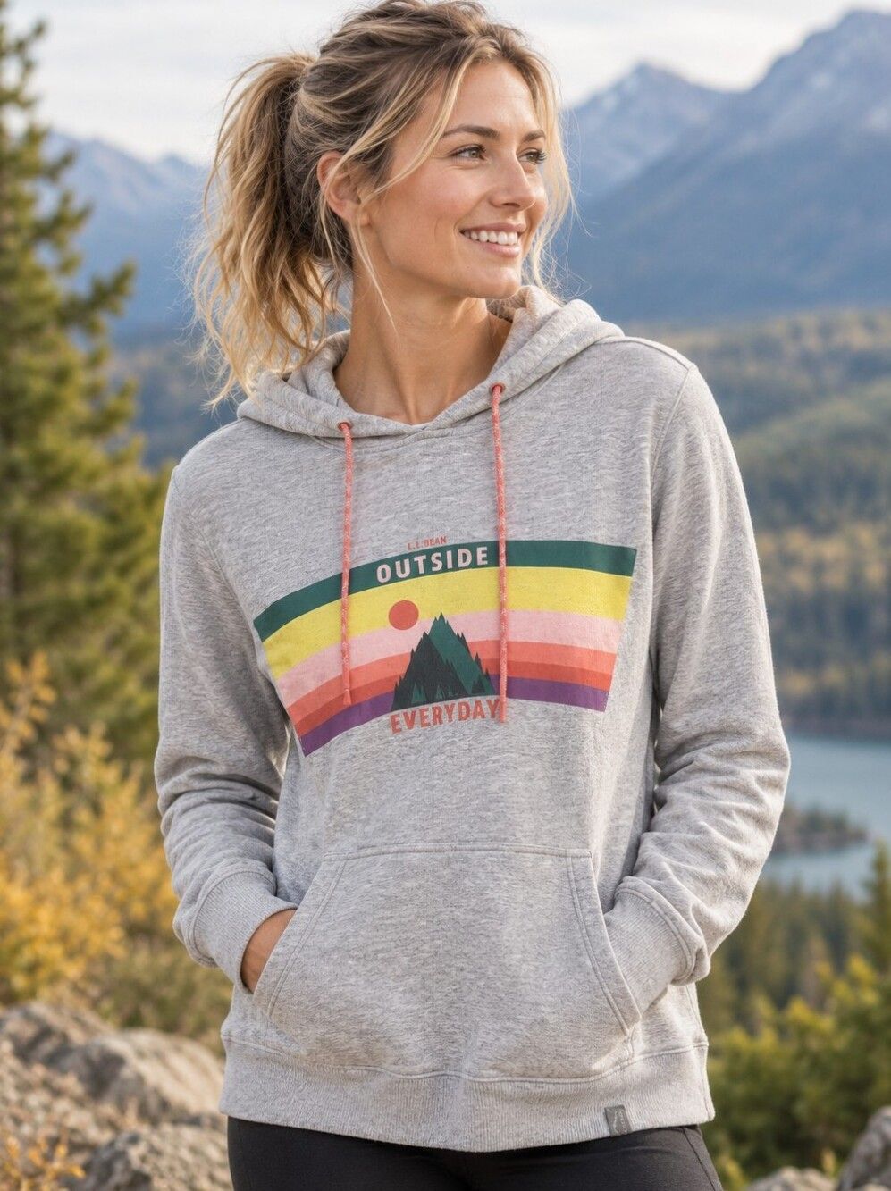 L.L. Bean Outside Everyday Graphic Camp Hoodie Grey Rainbow Mountain Medium